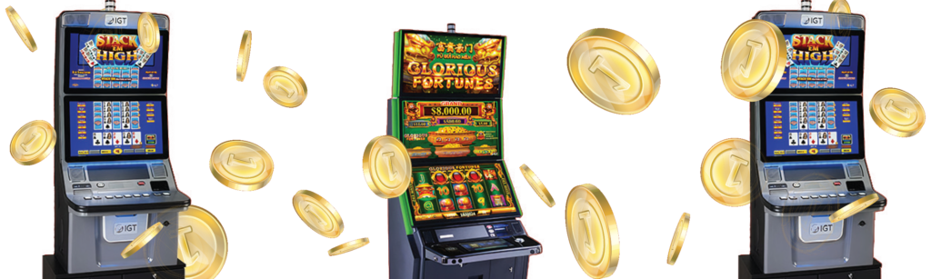 Three Video Lottery Terminals With Coins Around Them